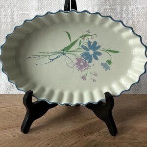 Ceramic Baking Dish w/ Scalloped Sides Blue rim & Flower Detail Signed Puskas
